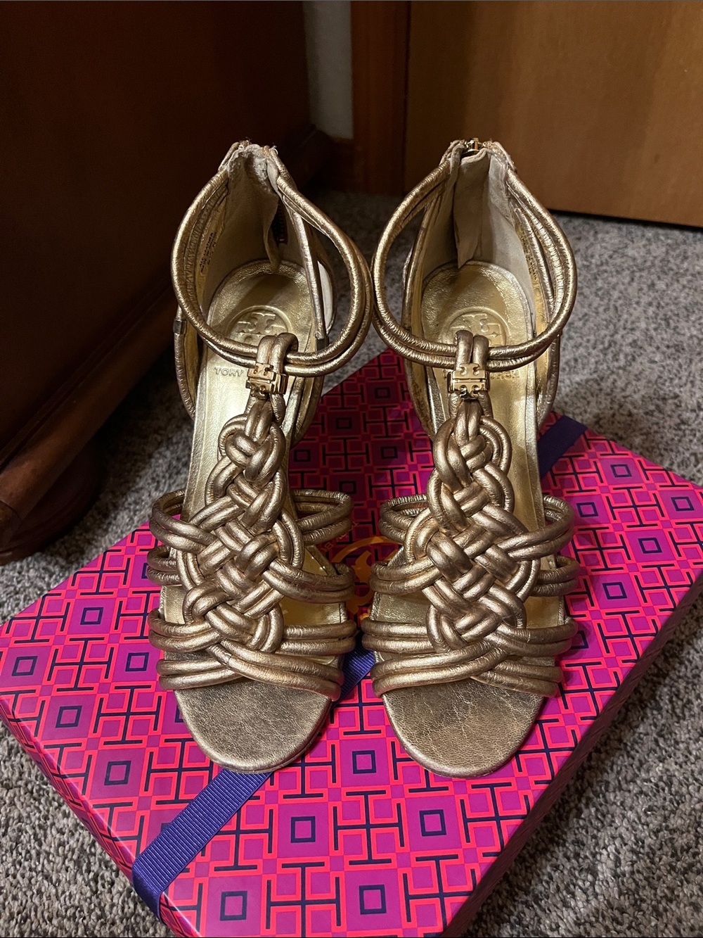 Tory Burch Braided Metallic Gold Ankle-Strap Heels